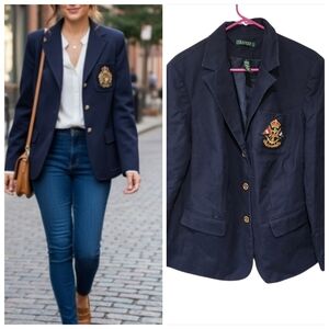 Lauren Ralph Lauren Navy Wool Blazer 3D Crown Crest Preppy Classic Size 2X